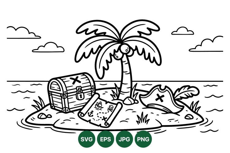 Outline Pirate Island Treasure Scene Vector Illustration