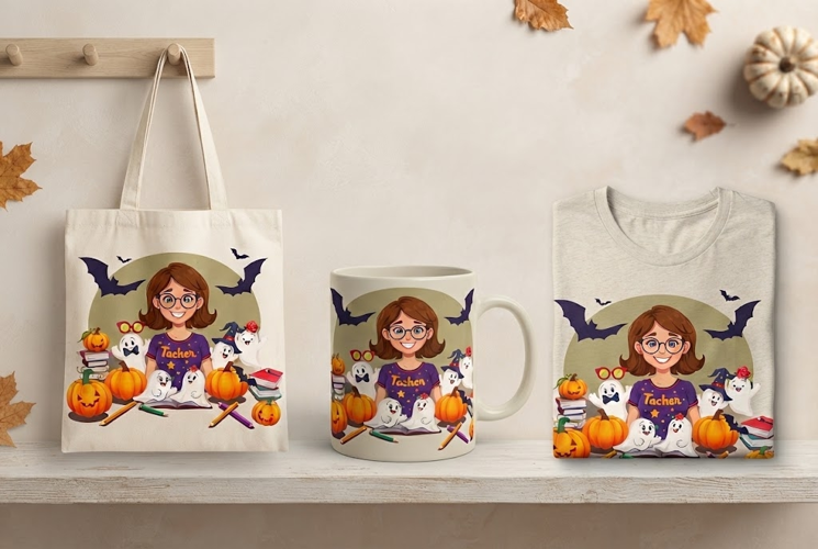 Halloween Teacher PNG with Ghosts, Pumpkins & Bats
