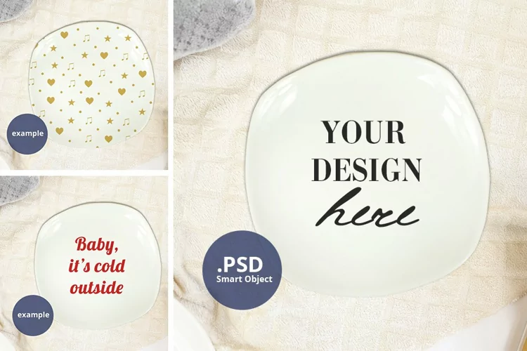 White Plate Mockup Neutral Background Full Wrap PSD JPG