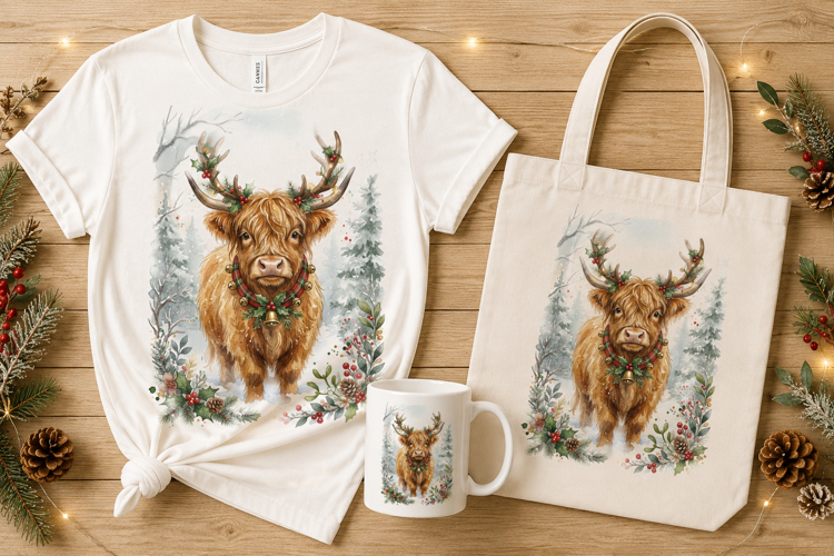 Watercolor Highland Cow Reindeer Antlers Christmas Art