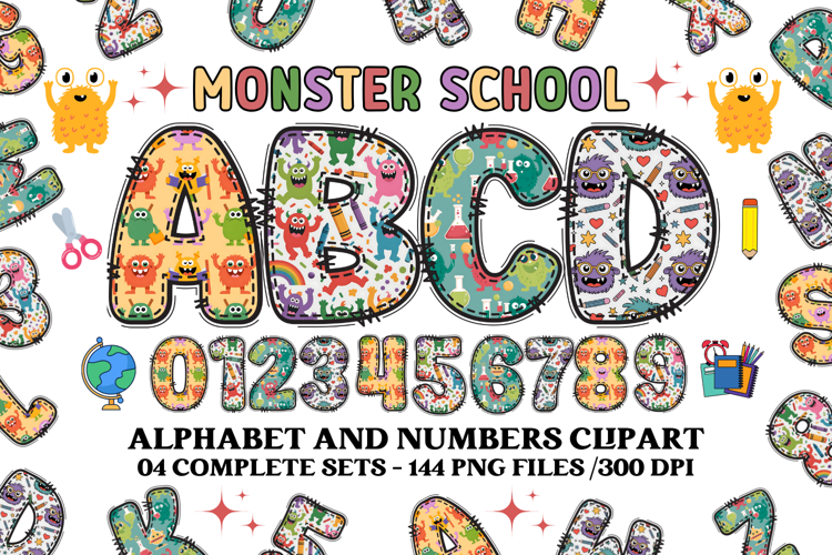 CUTE MONSTER SCHOOL Alphabet A-Z Numbers Clipart PNG 300 DPI