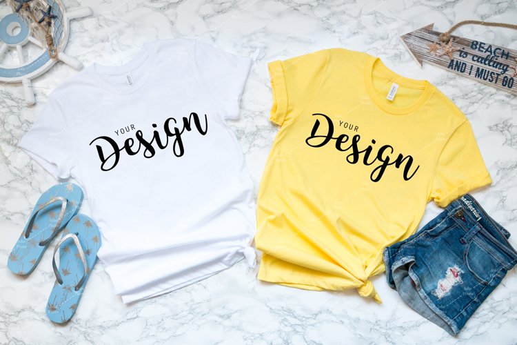 Bella Canvas 3001 White and Yellow 2 T-shirt Mockup Unisex