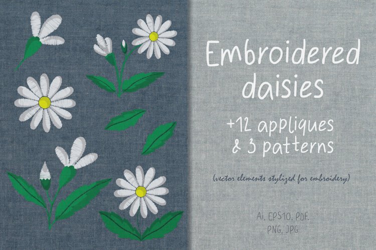 Chamomile flower elements in embroidery style. Vector example image 1