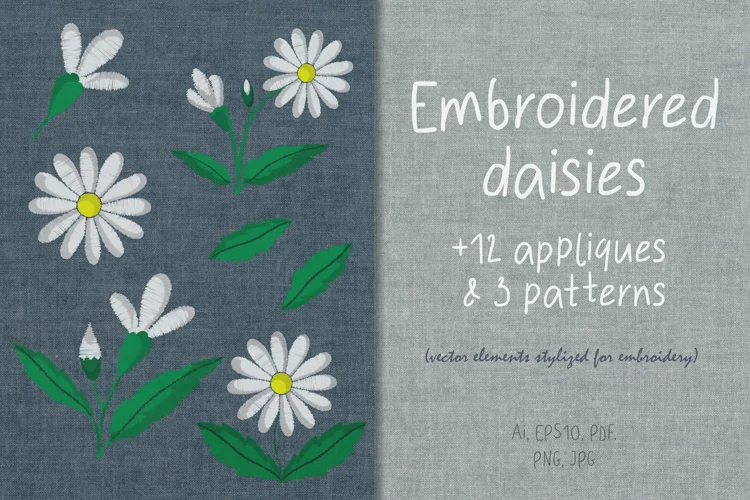 Chamomile flower elements in embroidery style. Vector