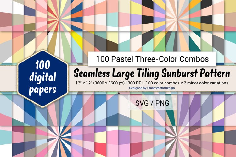 Seamless Large Tiling Sunburst-100 Pastel Three-Color Combos example image 1
