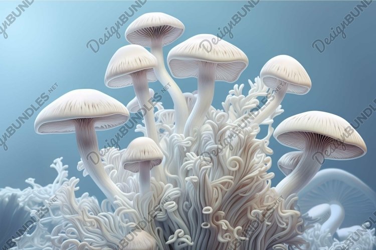 Surreal mushroom cluster on ethereal background