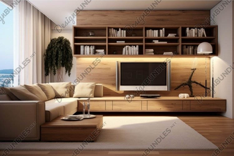 Modern living room interior with cozy sofa and shelving example image 1