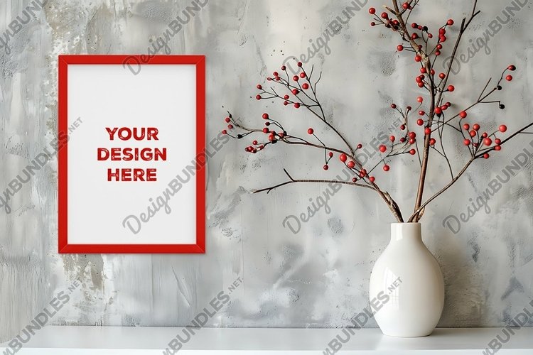 Frame mockup on grunge industrial wall with vase and flowers example image 1