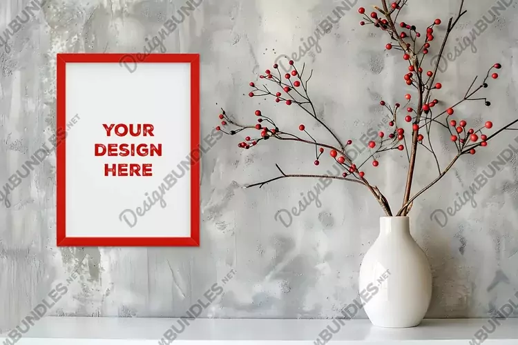 Frame mockup on grunge industrial wall with vase and flowers
