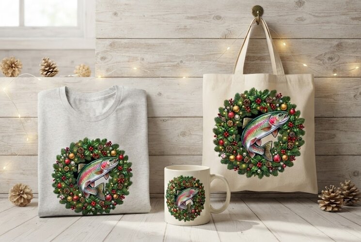 Christmas Trout Wreath Holiday Art example image 1