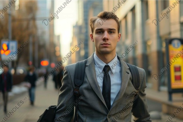 Serious businessman walking in the city during sunset example image 1