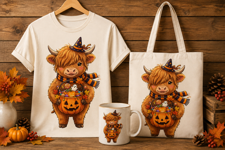 Witch Highland Cow Trick or Treat Pumpkin Art Print