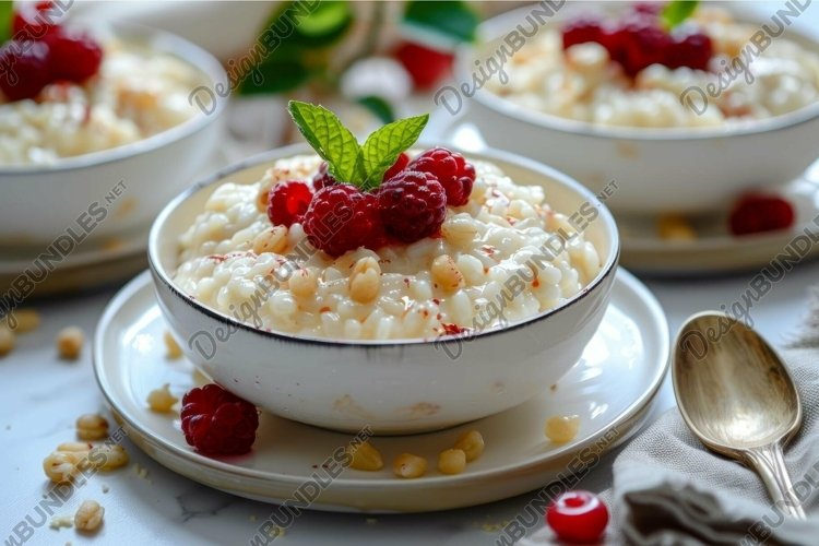 Fresh berry rice pudding in elegant setting