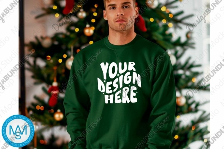 Green men Sweatshirt empty space Mockup, christmas Gildan example image 1
