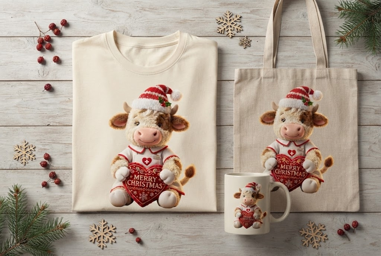 RN Daisy Christmas Nurse Cow Holiday Art Print
