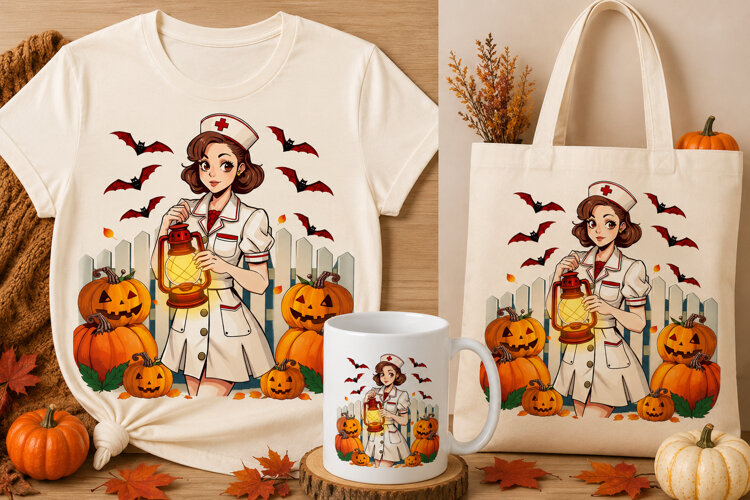 Halloween Nurse with Lantern PNG | Spooky Pumpkin Nurse example image 1