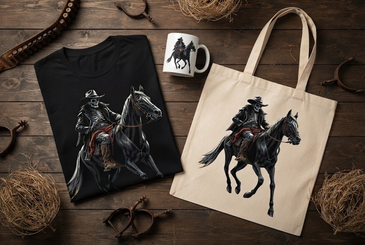 Skeleton Cowboy Riding Black Horse Halloween Design
