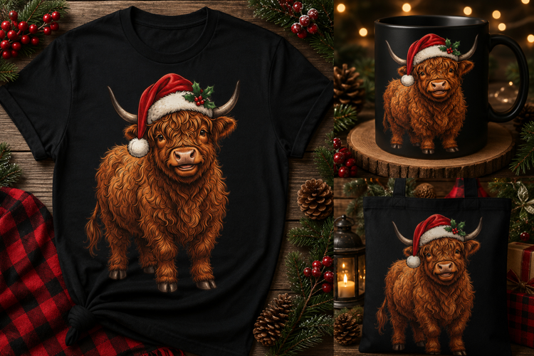 Highland Cow Santa Hat PNG Christmas Farmhouse Clipart