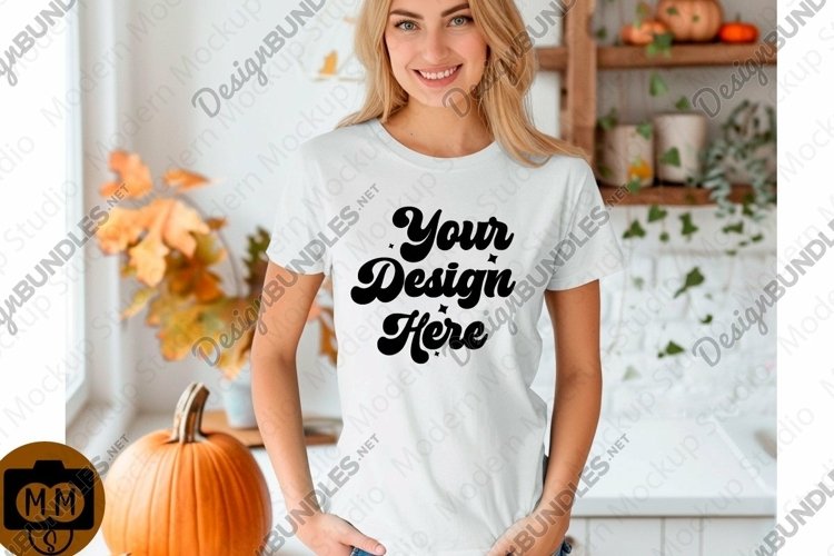 Bella Canvas 3001 Fall Woman Mockup,Fall white TShirt Mockup