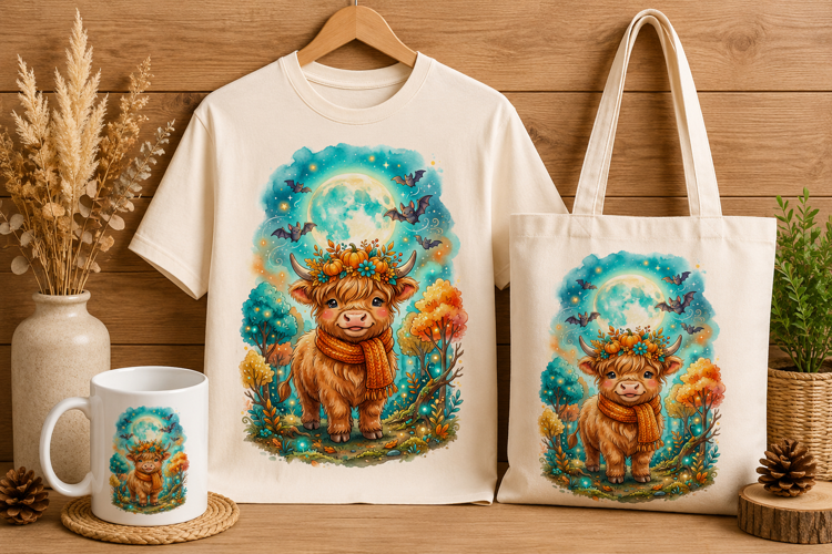 Kawaii Highland Cow Autumn Moonlit Forest Art Print