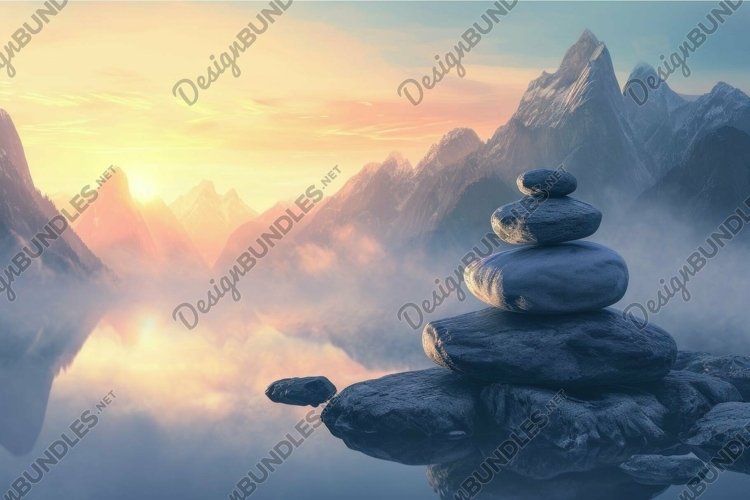 Serene mountain lake at sunrise with stone cairn