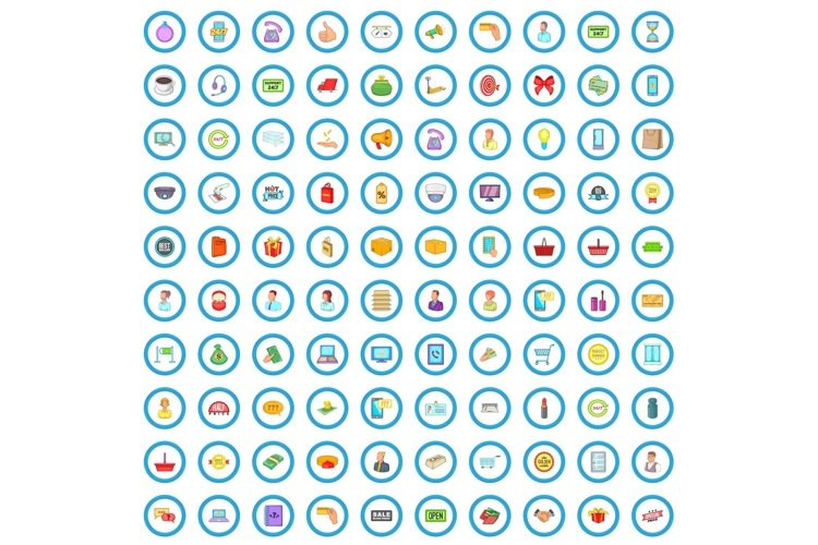 100 online shopping icons set, cartoon style example image 1