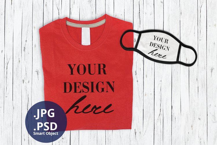 Red T-shirt & Face Mask Mockup, Full wrap T-shirt PSD mockup example image 1