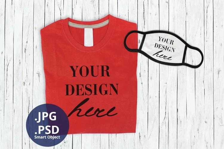 Red T-shirt & Face Mask Mockup, Full wrap T-shirt PSD mockup