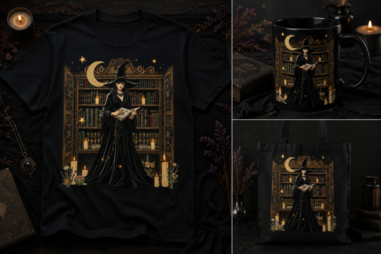 Gothic Witch Library PNG | Magical Bookish Halloween Art