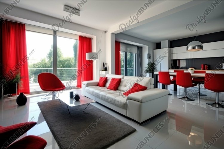 Modern living room interior with bright red accents example image 1