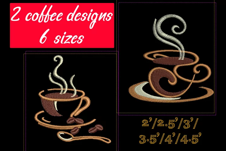 Coffee set - machine embroidery designs. 2 designs, 6 sizes
