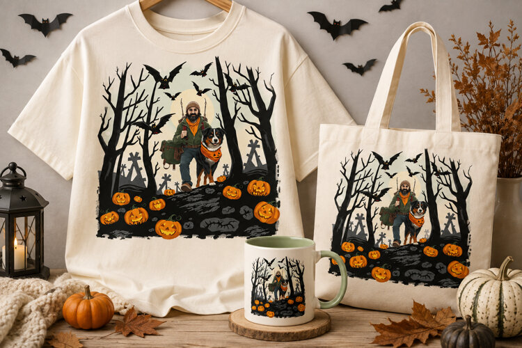 Halloween Hiker PNG | Man, Bernese Dog, Pumpkins & Bats Clip example image 1
