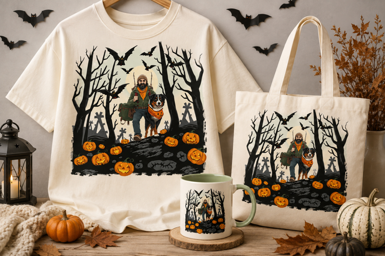 Halloween Hiker PNG | Man, Bernese Dog, Pumpkins & Bats Clip