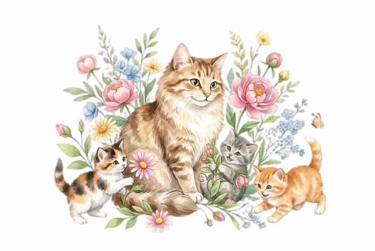 Adorable watercolor mother cat family, mama cat with kittens