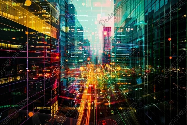 Futuristic cityscape with data overlay example image 1