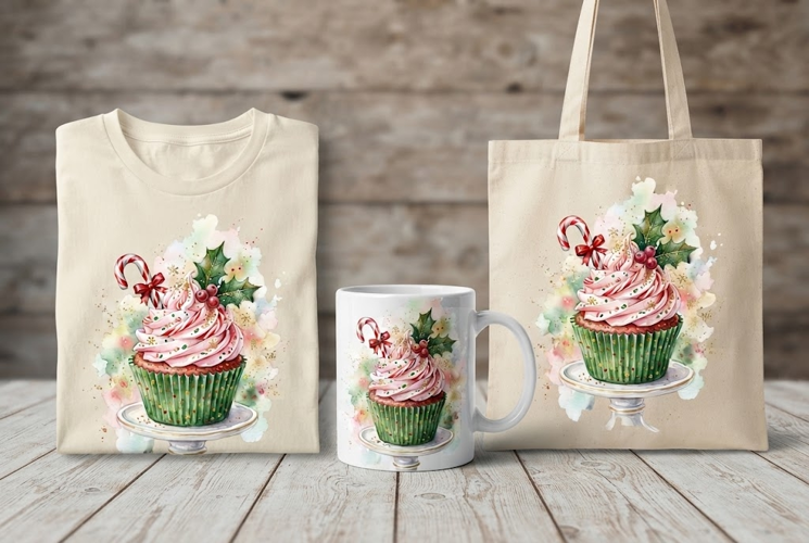 Whimsical Christmas Cupcake Watercolor Art 40 characters
