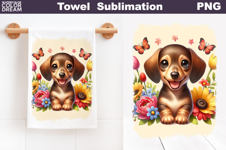 Dachshund Floral Towel | Dog Kitchen Towel