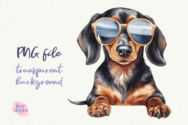 Dachshund in Sunglasses Cool Dog Watercolor Clipart PNG