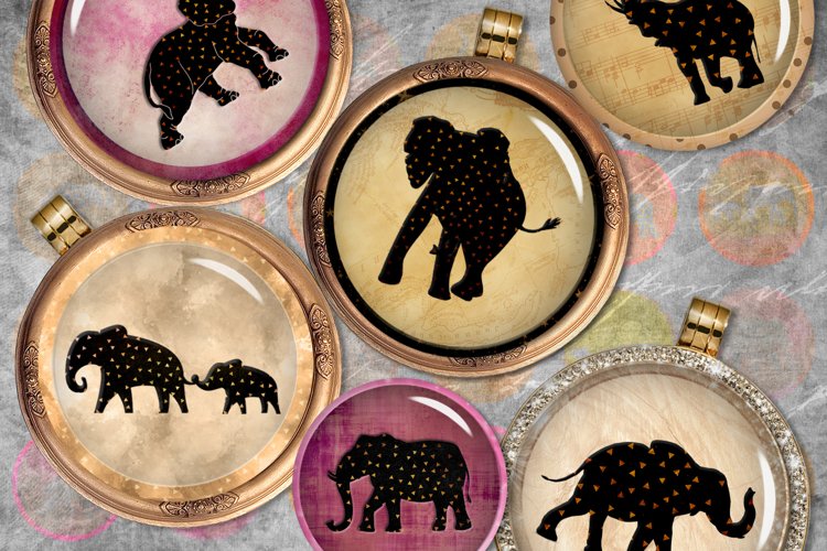 Elephants Digital Printable Sheet, Cabochon images, Rounds example image 1