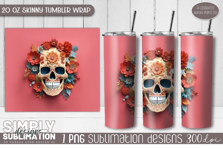3D Floral Skull Sublimation Skinny Tumbler Wrap| 20oz | Png