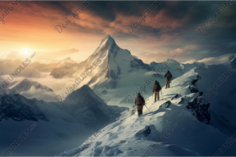 Mountaineers ascending snowy peak at sunrise
