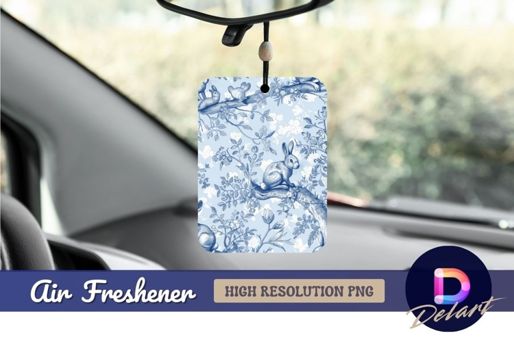 Blue toile bunny rabbit floral pattern Air Freshener PNG