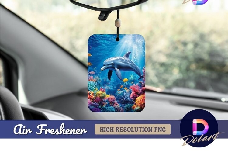 Dolphin swimming in a colorful coral reef Air Freshener PNG example image 1