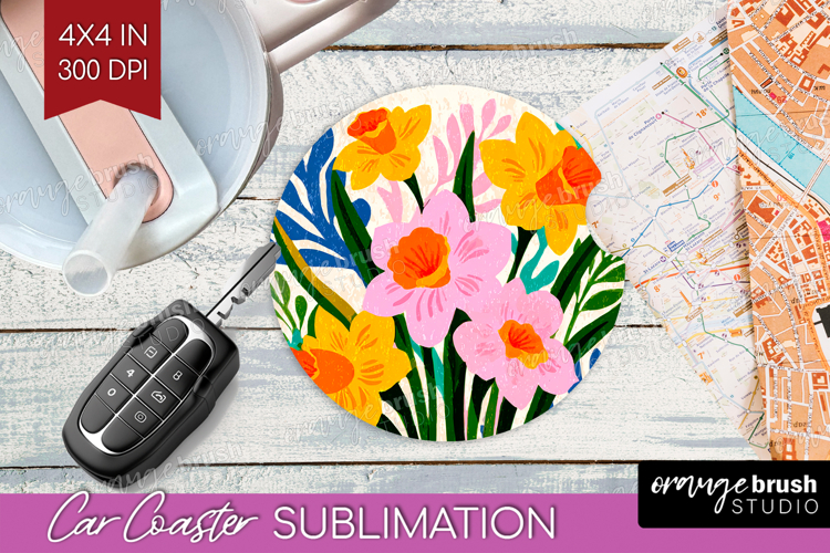 Daffodil Modern Floral Car Coaster Sping Flower Coaster PNG