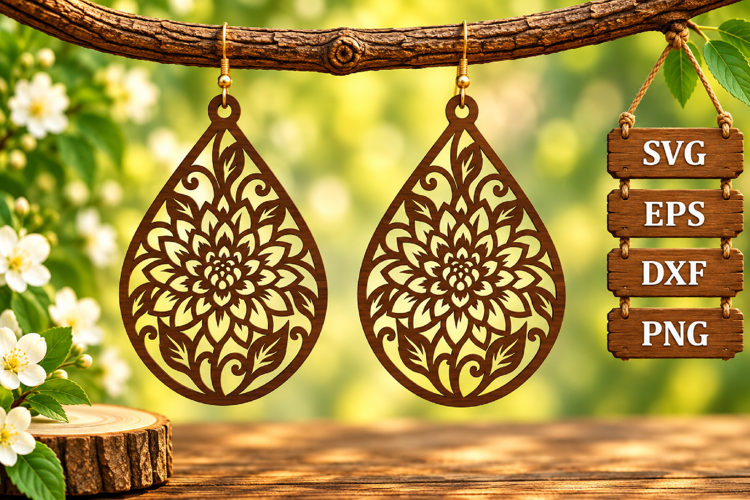 Dahlia Flower Earring Teardrop Sunflower Swirl Wood Laser