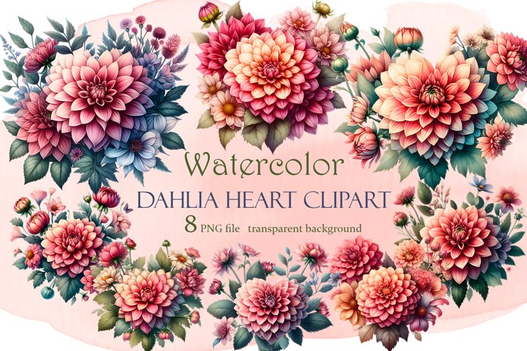 Dahlia Heart, Flowers Watercolor Clipart example image 1