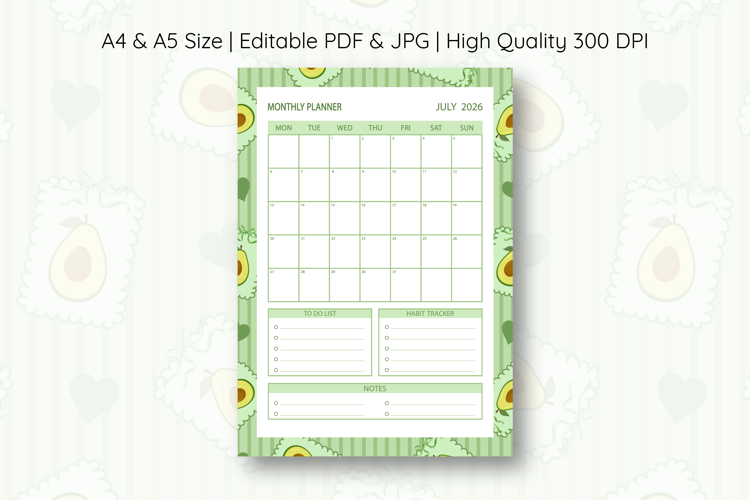 Avocado Coquette Heart Stripe Monthly Planner For July 2026