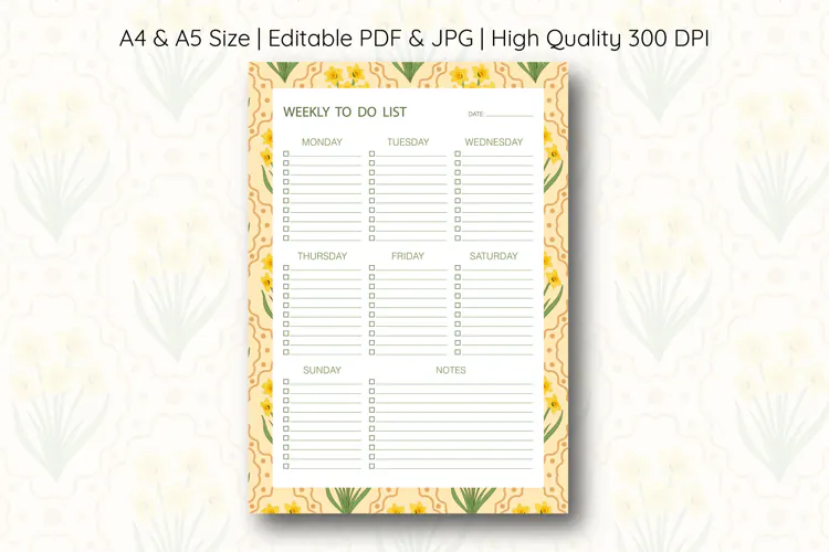 Daffodil Flower Weekly To Do List Template | To do list