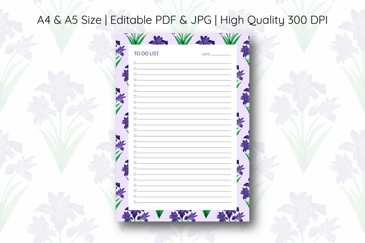 Watercolor Iris Flower To Do List Template | To do list