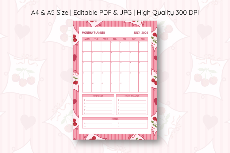 Cherry Coquette Heart Stripe Monthly Planner For July 2026